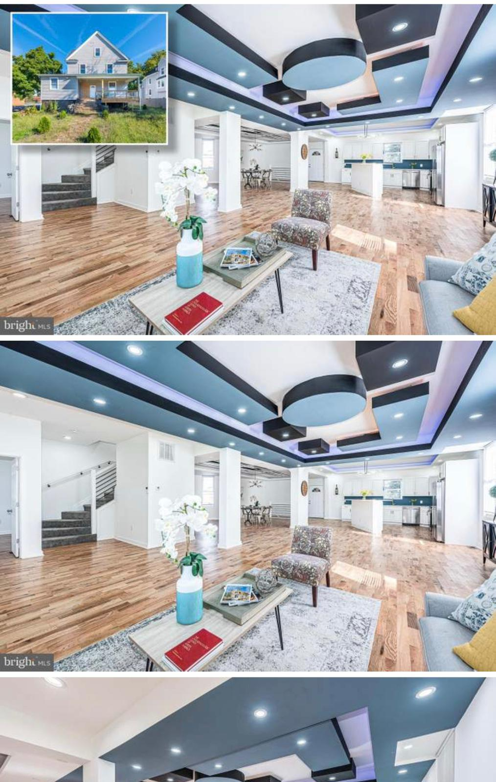 Whole-home renovation with open-concept living room, coffered ceiling, hardwood floors, and new kitchen